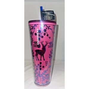 Starbucks Color‎ Changing Woodland Lace Pink Plastic Cold Cup 24 fl oz 2022